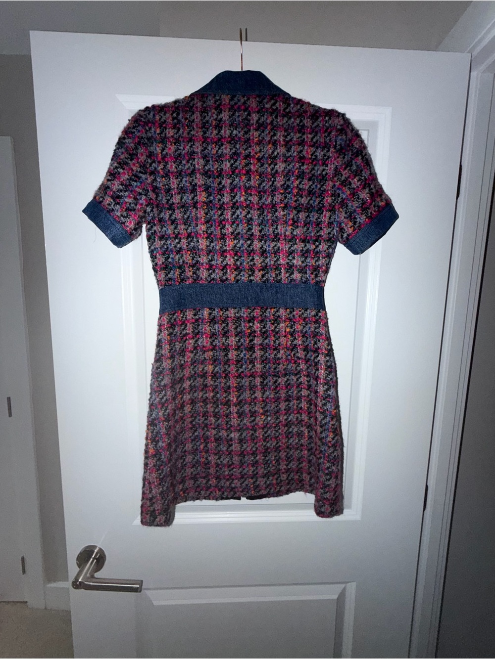 Sandro Pink & Blue Tweed Short-Sleeve Dress with Denim Trim - Picture 5 of 5